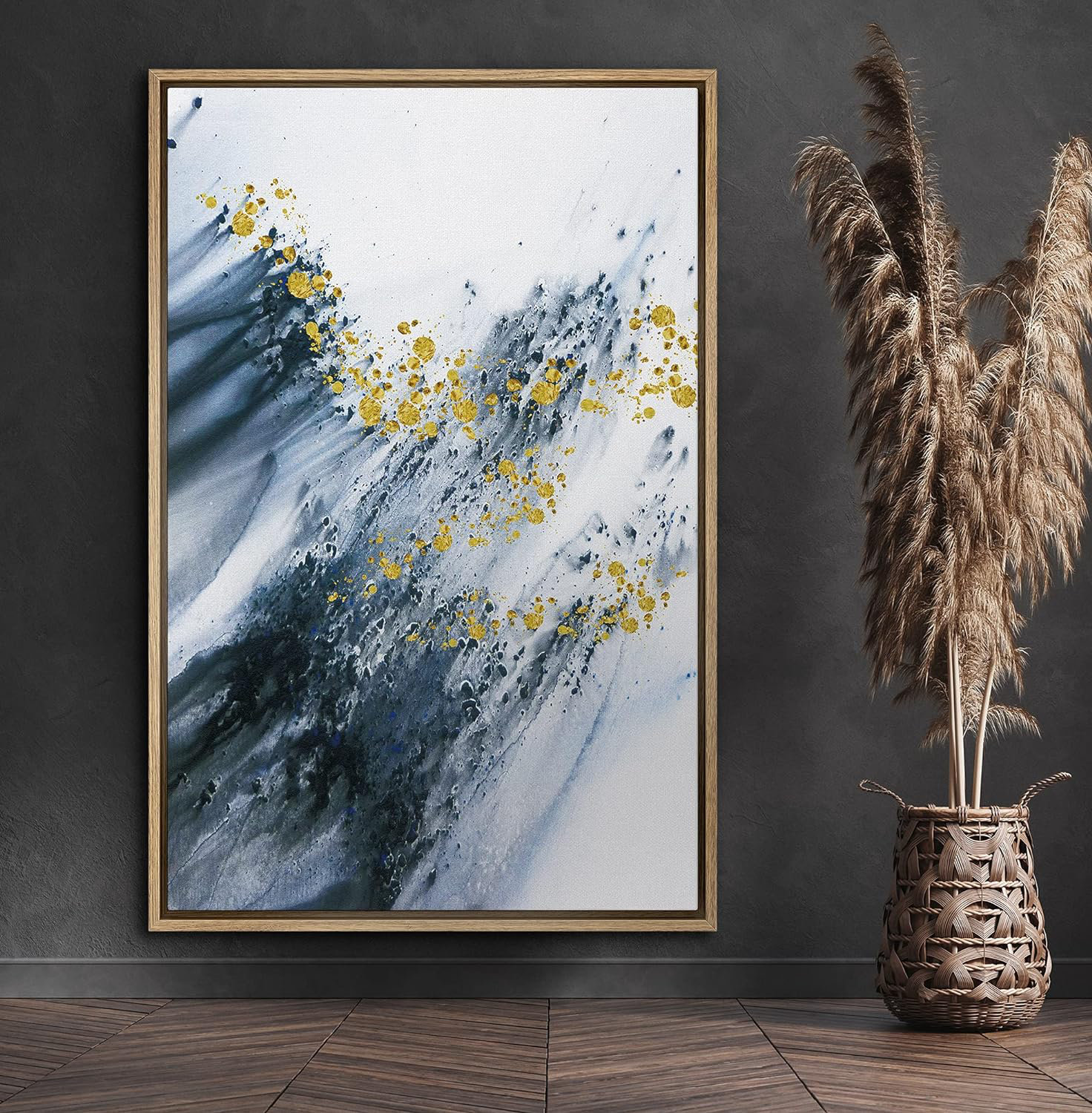 IDEA4WALL " Framed Canvas Print Wall Art Flowing Blue Paint Strokes